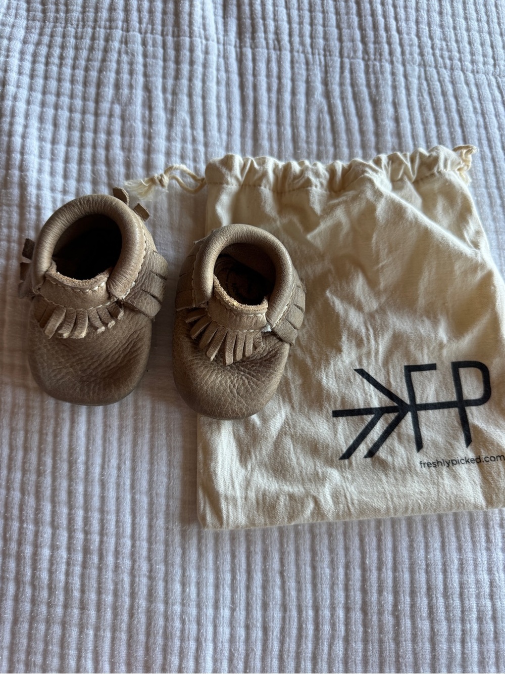 Freshly Picked Tan Leather Baby Moccasins with Fringe